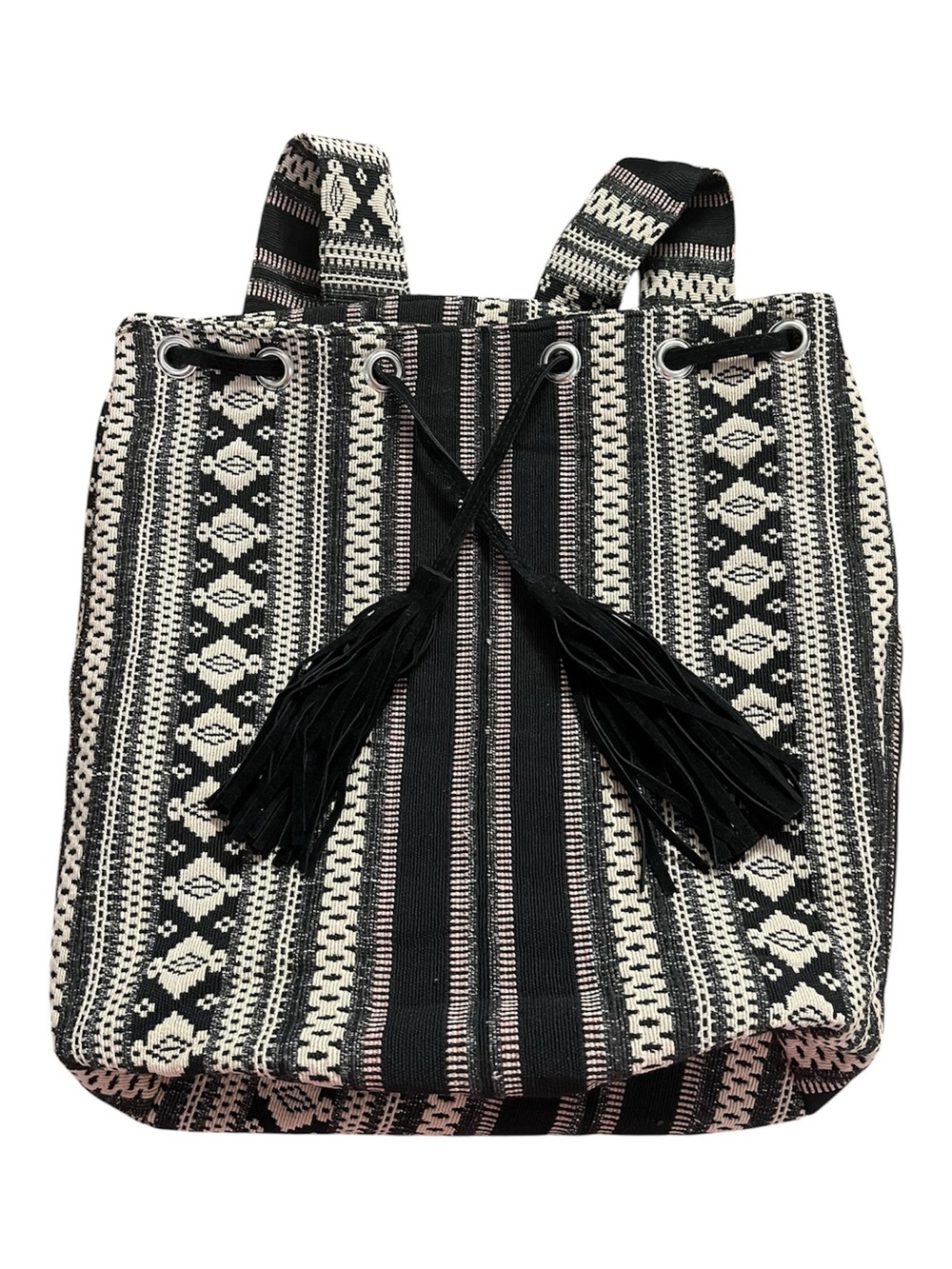 Woven Black & Cream Boho Drawstring Backpack with Leather Tassels - Picture 4 of 10